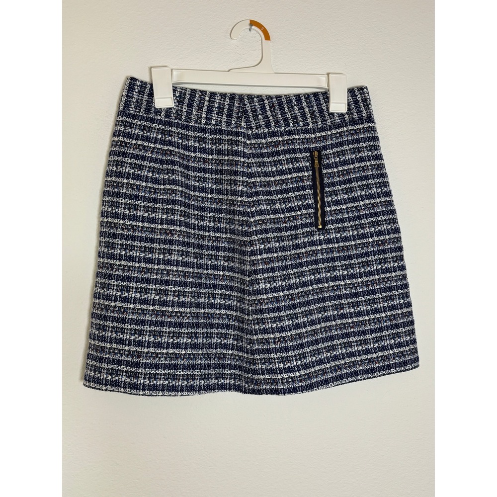 LOFT Petites Navy Blue White Tweed A-Line Mini Skirt Size 6P Gold Zip Detailโ